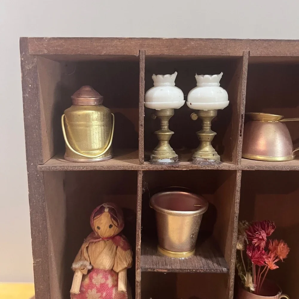 Vtg Country Farmhouse Wooden Shadow Box Curio Case 12 Miniatures Rustic Decor